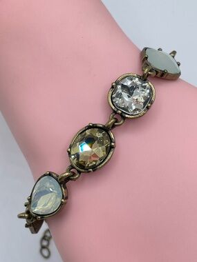 Antique Gold Tone Crystal Link Bracelet Mixed Shape Rhinestone Boho